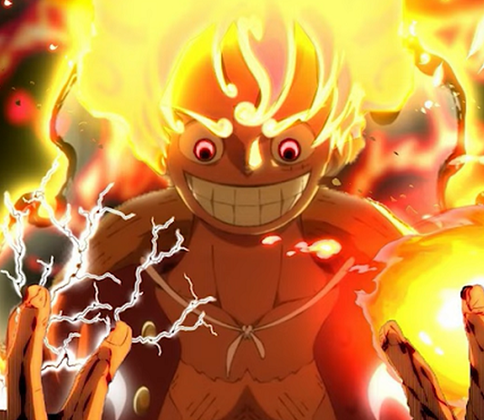 A macintosh on a yellow background.